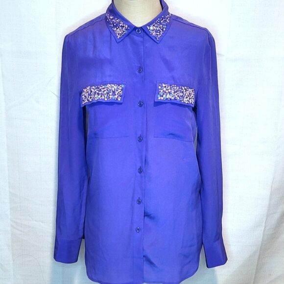 Victoria's Secret Silk Sequin Pocket Button Down Shirt Size XS - Picture 1 of 10